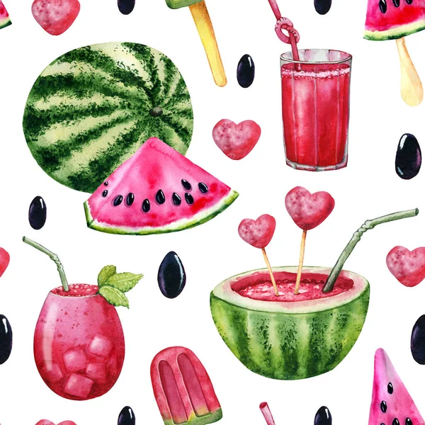 Juicy watermelon for a summer drink and healthy food. Seamless pattern. Watercolor illustration for design of notepad, cover, wallpaper, packaging, wrapper, print, background, template