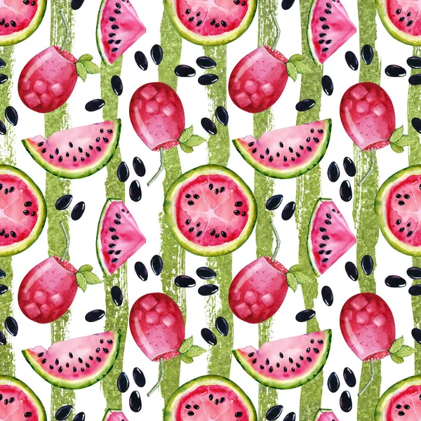 Juicy watermelon for a summer drink and healthy food. Seamless pattern. Watercolor illustration for design of notepad, cover, wallpaper, packaging, wrapper, print, background, template