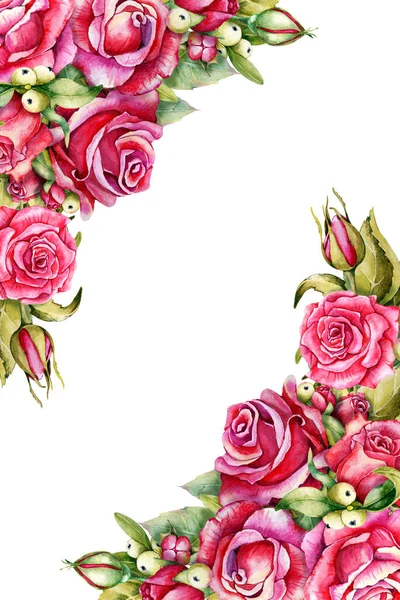 Σύνθεση με λουλούδια, μπουκέτο με τριαντάφυλλα. Χειροποίητη απεικόνιση που απομονώνεται σε λευκό φόντο υψηλής ανάλυσης. Σχεδιασμός για κάρτα γάμου, εξώφυλλο, συγχαρητήρια — Φωτογραφία Αρχείου