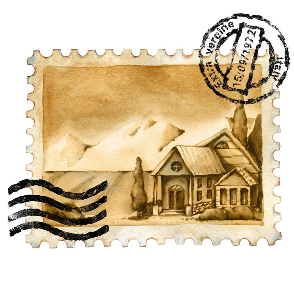 Briefmarke mit dem Aufdruck einer Briefmarke. Landhaus in Italien. Aquarell gezeichnete Illustration isoliert auf weißem Hintergrund. Postdesign, Postkorrespondenz, Scrapbooking, Handarbeit, Postkarten — Stockfoto