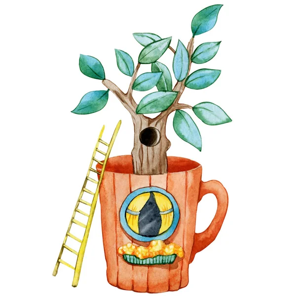 Cartoon tea mug with windows, stairs and tree. Hand drawn watercolor illustration isolated on white background. Cozy home, tea party, ceremony, kitchen utensils — 图库照片