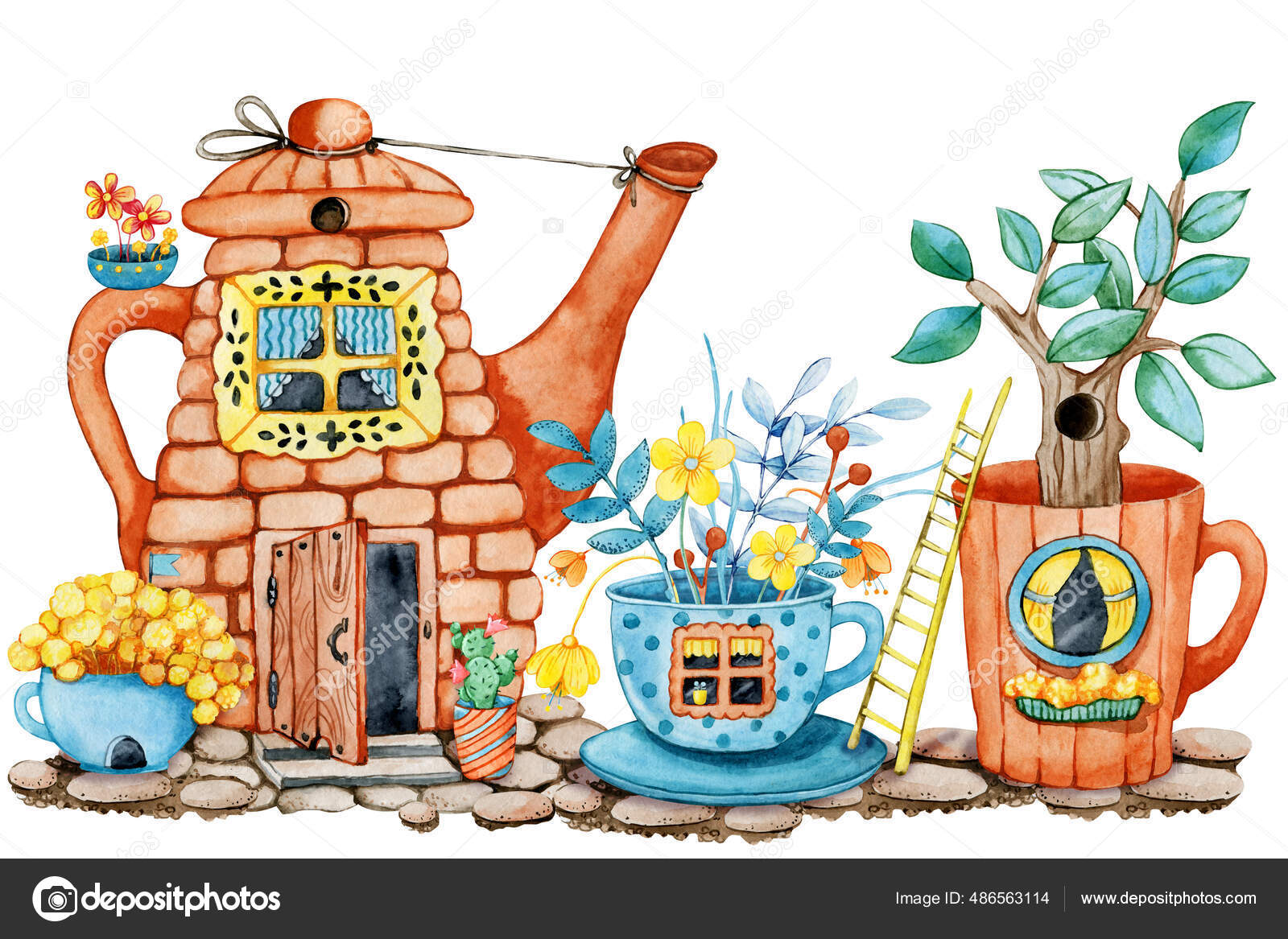 Casa de té en el jardín con flores, tetera de dibujos animados y taza con  ventanas, image size:1600x1167