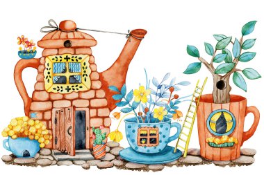 Bahçede çiçekli çay evi, karikatür çaydanlığı ve pencereli ve kapılı bardak. Beyaz arka planda elle çizilmiş suluboya çizimi. Rahat ev, çay partisi, tören, mutfak gereçleri.