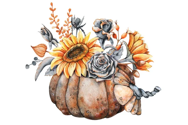 Herfst boeket in pompoen, zonnebloemen, vintage zwarte rozen, bladeren, rozenbottels. Thanksgiving en Halloween ontwerp sjabloon. Met de hand getekend aquarel illustratie geïsoleerd op witte achtergrond — Stockfoto