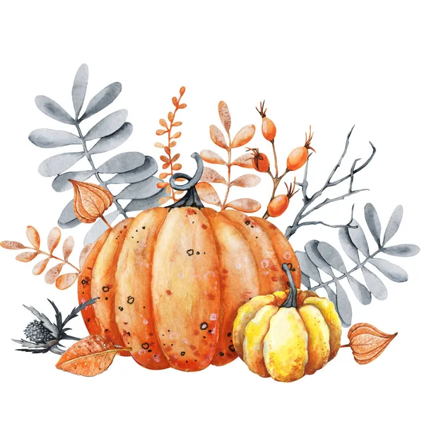 Pumpkin and fall leaves bouquet. Thanksgiving and Halloween design template. Hello autumn illustration. Harvest festival. Hand drawn watercolor illustration isolated on white background — Stock Photo, Image