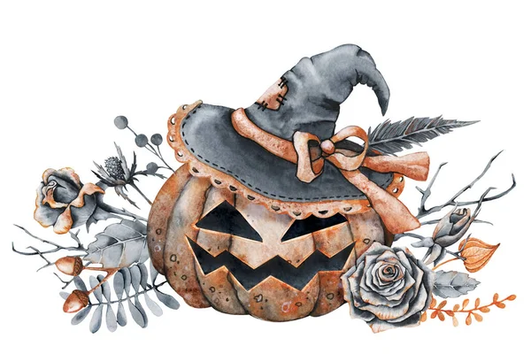 Okropna zła dynia w kapeluszu czarownicy na święto Wesołego Halloween. Ręcznie rysowane ilustracja akwarela izolowane na białym tle. Jesienny bukiet z liśćmi, czarne róże — Zdjęcie stockowe