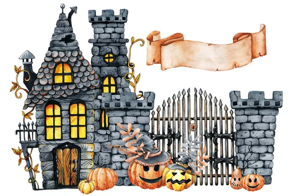 Zabytkowy zamek i okropnie uśmiechnięte dynie na Halloween. Ręcznie rysowane ilustracja akwarela izolowane na białym białym. Nawiedzony dom, krajobraz, krajobraz na Halloween wakacje projekt — Zdjęcie stockowe