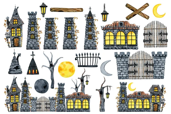 Винтажный набор элементов для оформления сцены праздника Хэллоуин. Ручной рисунок акварелью изолирован на белом белом. Дом с привидениями, пейзаж, пейзаж для оформления праздника Хэллоуин — стоковое фото