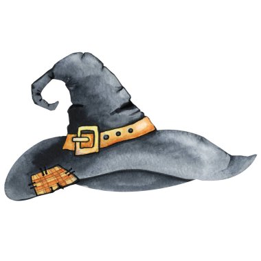 Tokalı ve bantlı cadı şapkası. El çizimi suluboya çizimi, beyaz arka planda izole bir şekilde yakın plan. Cadılar Bayramı ve Maskeli Balo Kıyafetleri