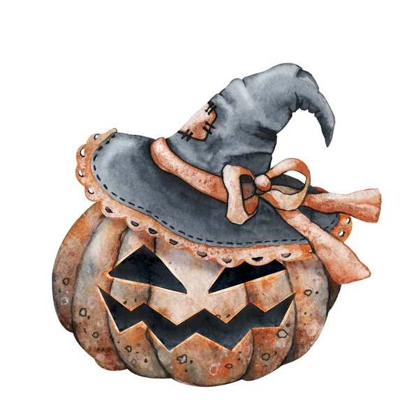 Jesienna dynia z twarzą w kapeluszu czarownicy. Ręcznie rysowane ilustracja akwarela zbliżyć izolowane na białym tle. Halloween projekt wakacje — Zdjęcie stockowe