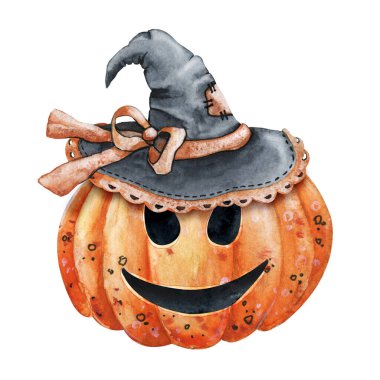 Cadı şapkalı sonbahar balkabağı. El çizimi suluboya çizimi, beyaz arka planda izole bir şekilde yakın plan. Cadılar Bayramı tasarımı