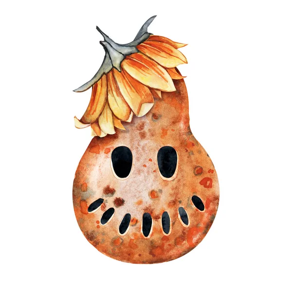 La calabaza otoñal con el rostro en el sombrero. Ilustración acuarela dibujada a mano de cerca aislada sobre fondo blanco. Halloween diseño de vacaciones — Foto de Stock