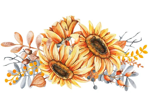 Flores de girasol y ramillete de hojas de otoño. Plantilla de diseño de Acción de Gracias y Halloween. Hola ilustración de otoño. Fiesta de la cosecha. Ilustración acuarela dibujada a mano aislada sobre fondo blanco —  Fotos de Stock