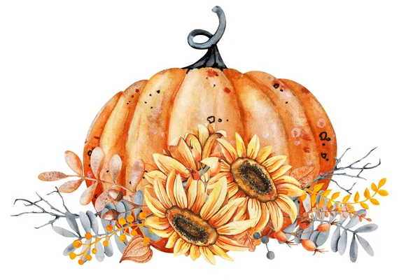 Pumpkin, sunflower and fall leaves bouquet. Thanksgiving and Halloween design template. Hello autumn illustration. Harvest festival. Hand drawn watercolor illustration isolated on white background — Stock Photo, Image