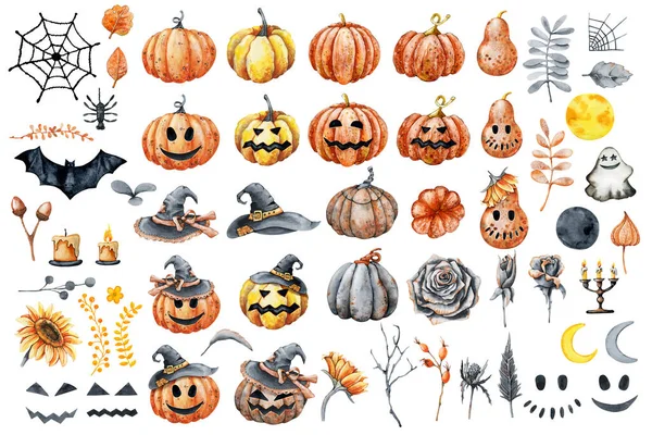 Set of elements for design of the holiday Happy Halloween, good and evil pumpkin, witch hat, bat, sunflowers flowers, fallen leaves, spider web. Watercolor illustration isolated on white background