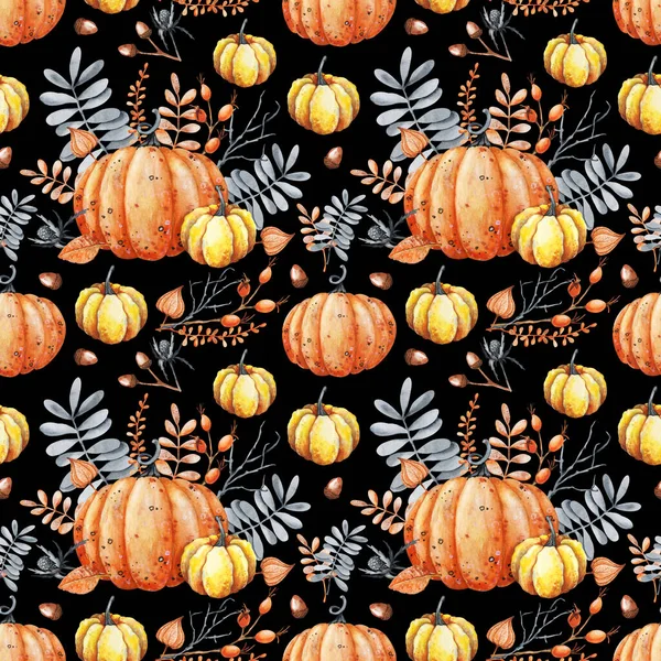 Herfst boeket van pompoenen, zonnebloemen, bessen, gevallen bladeren. Naadloos patroon met bloemstuk, aquarelillustratie op een zwarte achtergrond. Halloween vakantie ontwerp, Thanksgiving, oogst — Stockfoto