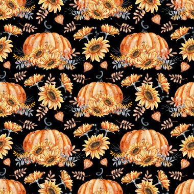 Sonbahar balkabağı buketi, ayçiçeği, böğürtlen, düşmüş yapraklar. Çiçek aranjmanlı kusursuz desen, siyah arkaplanda suluboya çizimi. Cadılar Bayramı tasarımı, Şükran Günü, hasat