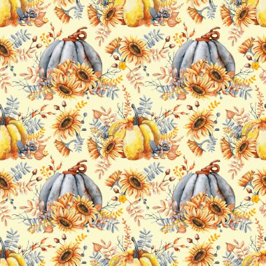 Sonbahar balkabağı buketi, ayçiçeği, böğürtlen, düşmüş yapraklar. Çiçek aranjmanlı kusursuz desen, sarı arkaplanda suluboya çizimi. Cadılar Bayramı tasarımı, Şükran Günü, hasat