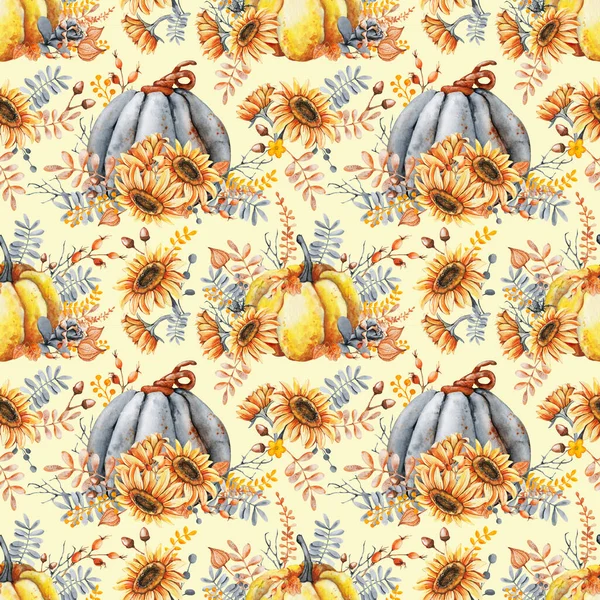 Herfst boeket van pompoenen, zonnebloemen, bessen, gevallen bladeren. Naadloos patroon met bloemstuk, aquarelillustratie op een gele achtergrond. Halloween vakantie ontwerp, Thanksgiving, oogst — Stockfoto