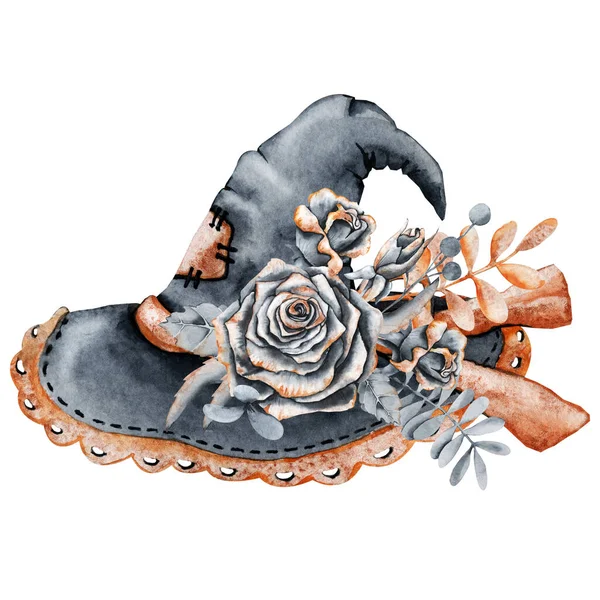 Witch hat with a bouquet of flowers of dried roses, thorns, twigs. Hand drawn watercolor illustration close up isolated on white background. Halloween and Masquerade Clothing — Stock Photo, Image