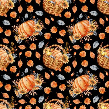 Sonbahar balkabağı buketi, ayçiçeği, böğürtlen, düşmüş yapraklar. Çiçek aranjmanlı kusursuz desen, siyah arkaplanda suluboya çizimi. Cadılar Bayramı tasarımı, Şükran Günü, hasat