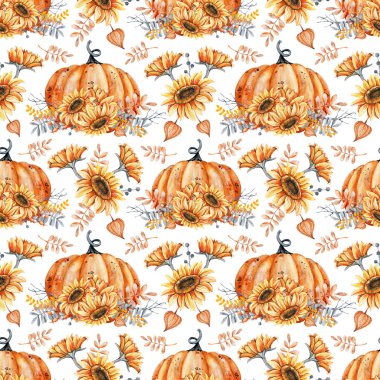 Sonbahar balkabağı buketi, ayçiçeği, böğürtlen, düşmüş yapraklar. Çiçek aranjmanlı kusursuz desen, beyaz arkaplanda suluboya çizimi. Cadılar Bayramı tasarımı, Şükran Günü, hasat