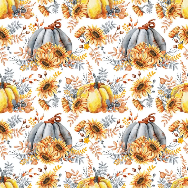 Herfst boeket van pompoenen, zonnebloemen, bessen, gevallen bladeren. Naadloos patroon met bloemstuk, aquarelillustratie op een witte achtergrond. Halloween vakantie ontwerp, Thanksgiving, oogst — Stockfoto