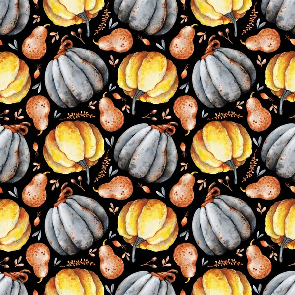 Ramo de otoño de calabazas, girasol, bayas, hojas caídas. Patrón sin costuras con arreglo floral, ilustración de acuarela sobre un fondo negro. Halloween diseño de vacaciones, Acción de Gracias, cosecha —  Fotos de Stock