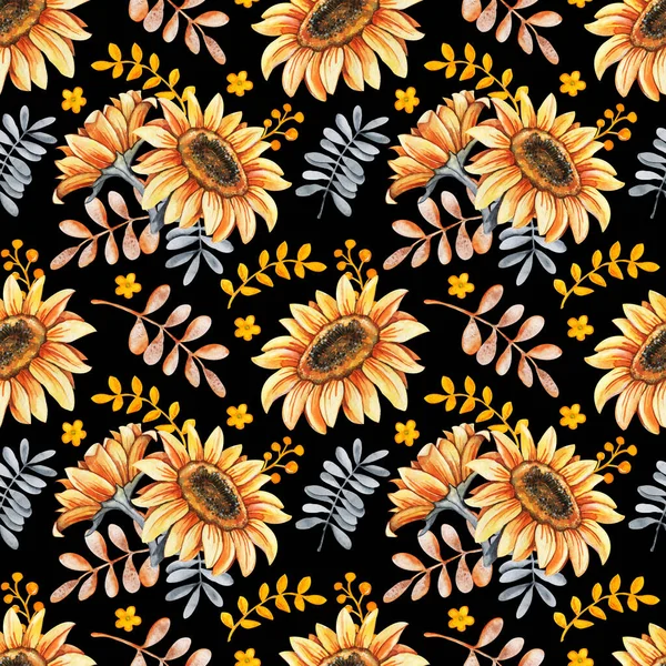 Ramo de otoño de girasol, bayas, hojas caídas. Patrón sin costuras con arreglo floral, ilustración de acuarela sobre un fondo negro. Halloween diseño de vacaciones, Acción de Gracias, cosecha —  Fotos de Stock