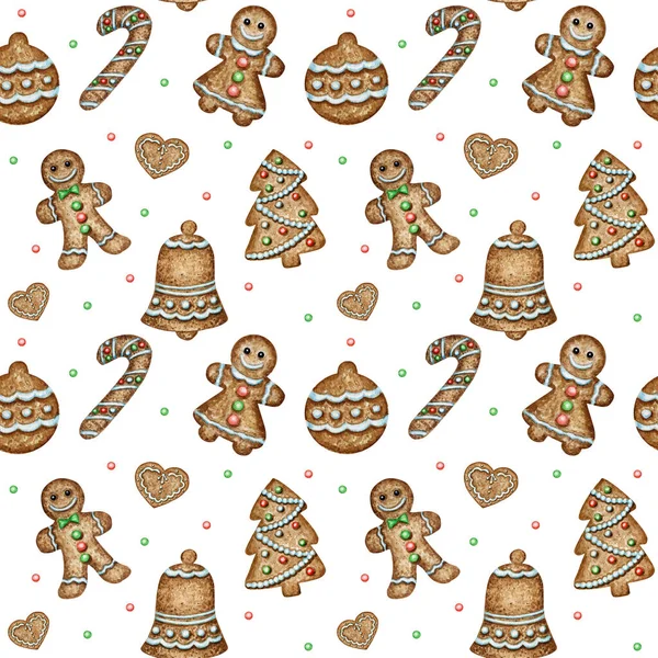 Різдвяне імбирне печиво безшовний візерунок, пом'якшує серцевий дзвін зимового свята солодкого харчування фону. Акварельна ілюстрація. Різдвяний подарунок та прикраси на дереві. Обгортковий папір, дизайн текстури тканини — стокове фото