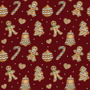 Noel kurabiyeleri kusursuz desenli, eldivenli kalp çanı kış tatili tatlı yemek arka planı. Suluboya çizimi. Xmas hediyesi ve ağaç süslemeleri. Paket kağıdı, kumaş dokusu tasarımı