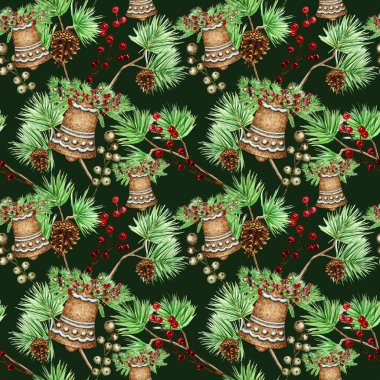 Zencefilli kurabiye, Noel kurabiyeleri, çam dalları, çan, kırmızı böğürtlen, kış tatili tatlı yiyecek arka planı. Suluboya çizimi. Xmas hediyesi Paket kağıdı, kumaş dokusu tasarımı