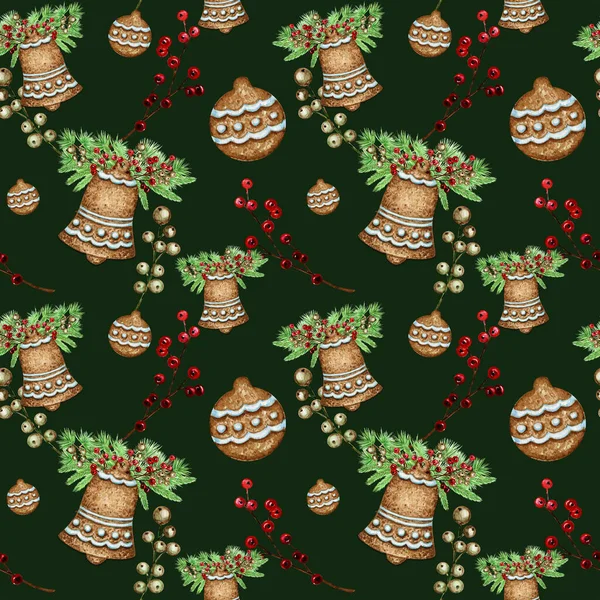 Julpepparkakor kakor sömlösa mönster, tall grenar, klocka, röda bär vinter semester söt mat bakgrund. Akvarell illustration. Julklapp omslagspapper, textur design tyg — Stockfoto