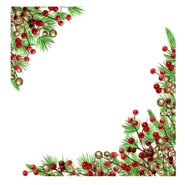 松の実枝と冬の赤い金の果実とクリスマスの境界。白い背景に隔離された水彩の休日のイラスト。クリスマスの装飾花束。グリーティングカードデザインコンセプト — ストック写真