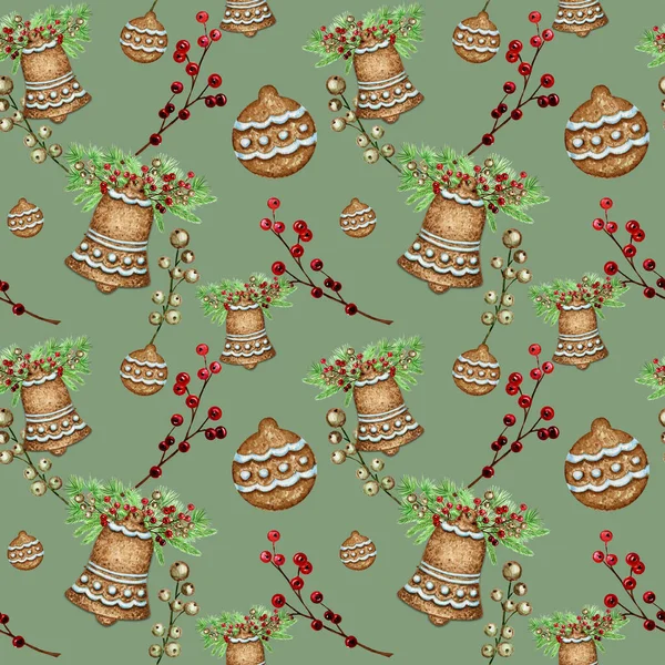 Рождественские пряники печенье бесшовный узор, сосновые ветви, колокольчик, красные ягоды зимний праздник сладкое питание фона. Акварель. Xmas подарочная оберточная бумага, текстура ткани дизайн — стоковое фото