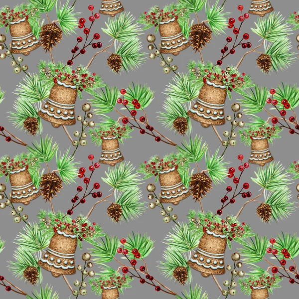 Рождественские пряники печенье бесшовный узор, сосновые ветви, колокольчик, красные ягоды зимний праздник сладкое питание фона. Акварель. Xmas подарочная оберточная бумага, текстура ткани дизайн — стоковое фото