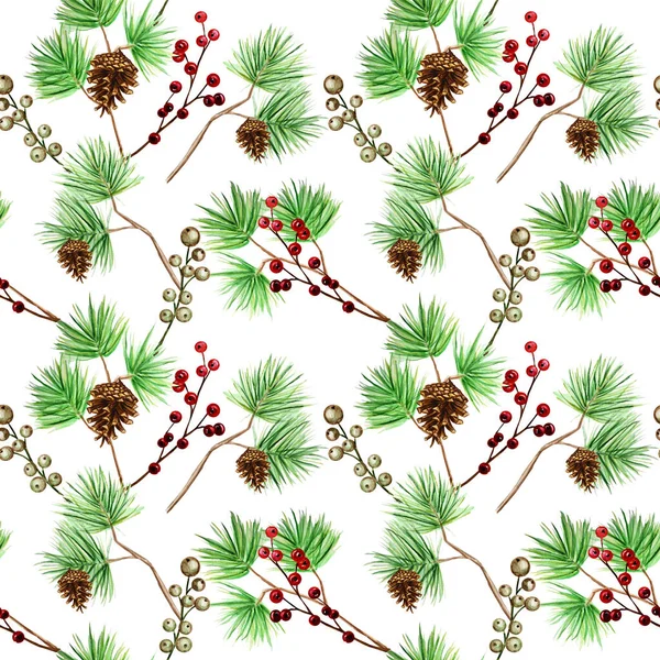 Рождественский узор, сосновые ветки, красные ягоды на фоне зимнего праздника. Акварель. Xmas подарочная оберточная бумага, текстура ткани дизайн — стоковое фото
