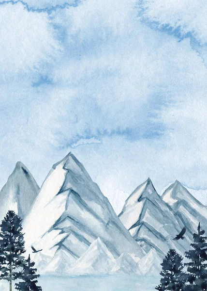 Invierno Montaña Bosque paisaje, montañas verticales azules y pinos pintados a mano acuarela. Tarjeta de felicitación, invitaciones, concepto de póster con espacio para copiar texto — Foto de Stock