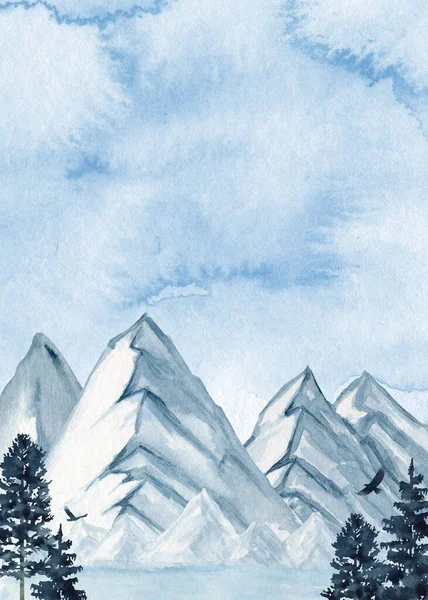 Winter Mountain Forest landscape, Vertical blue mountains and pines hand painted watercolor. Greeting card, invitations, poster concept with copy space for text