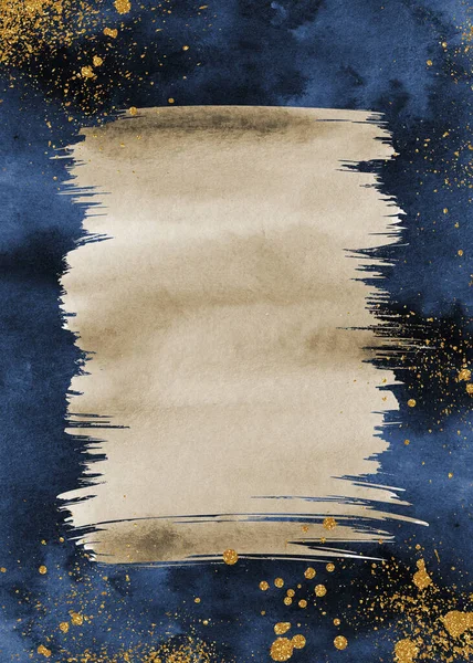 Abstract Vertical navy blue and gold hand painted watercolor background. Christmas Greeting card, wedding invitations, poster concept with copy space for text