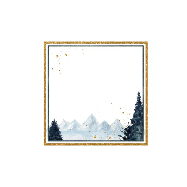 Marineblauw goud bergen bomen frame, met de hand geschilderde aquarel achtergrond. Winter Berglandschap gouden rand, kerst wenskaart, uitnodigingen voor een bruiloft, poster concept met kopieerruimte voor tekst — Stockfoto