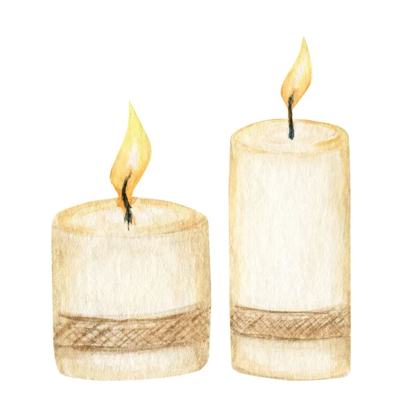 Рождественская свеча с набором пламени. Акварель горит восковая свеча Изолированная иллюстрация. Символ веры или религии — стоковое фото