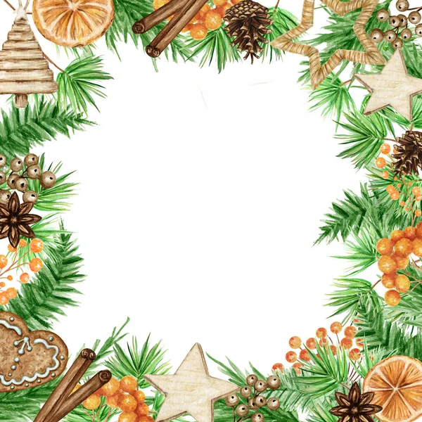 松の枝、シナモンスティック、スターアニス、オレンジとクリスマスボーフレームセット。水彩ヴィンテージの境界線は、イラストを分離しました。クリスマス、新年のカードと招待状のデザインのために — ストック写真