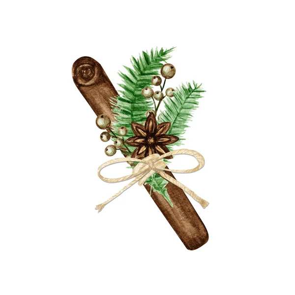 Buquês de Natal Boho com ramos de pinho, pau de canela, anis estrelado. Watercolor Composição vintage ilustração isolada. Para o design de Natal, cartões de Ano Novo e convites — Fotografia de Stock