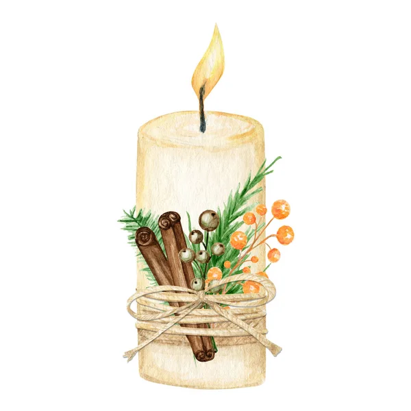 Christmas Candle with flame decoration boho style with pine branches, Cinnamon stick, star anise. Watercolor winter New Year illustration Isolated. Eco friendly decor. Faith or religion symbol — Stock Photo, Image