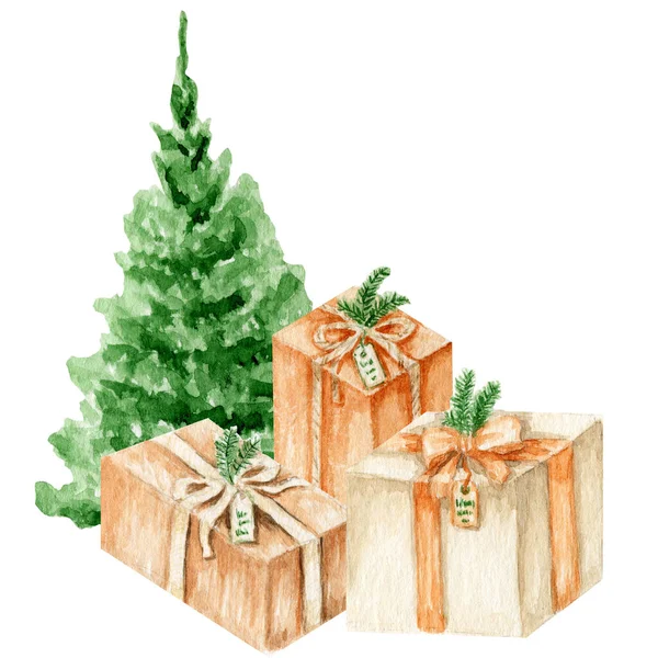 Arbre de Noël vert aquarelle avec boîtes cadeaux, cadeaux avec noeuds en ruban de soie et branches de pin Illustration isolée sur fond blanc. Éléments tirés à la main — Photo
