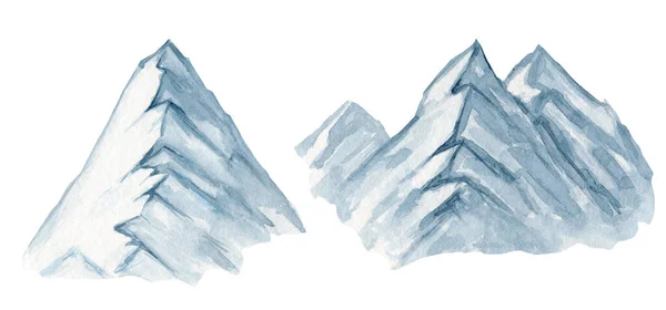Akvarell hegy magas csúcs rajz, illusztráció, téli vad természet táj, ökológia hegyek sziluett elszigetelt raszteres kézzel rajzolt — Stock Fotó