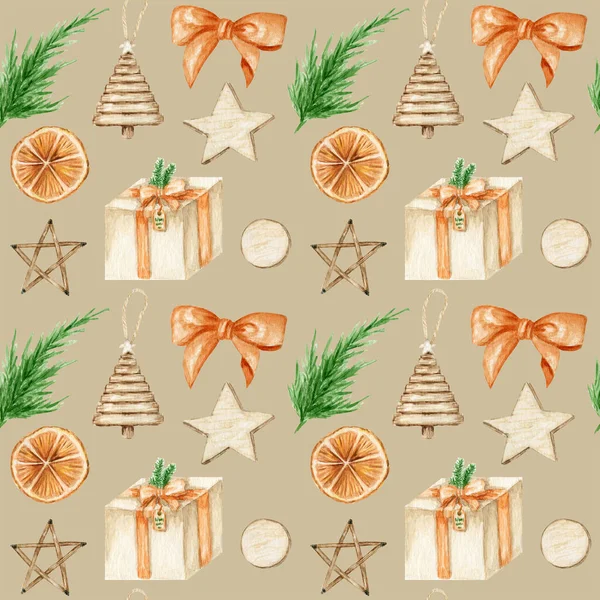 松の枝、贈り物、木製の星、オレンジとクリスマスシームレスなパターン。水彩ヴィンテージBohoスタイルの背景イラスト。包装紙、スクラップブッキング、ファブリックテクスチャ環境に優しいデザイン — ストック写真
