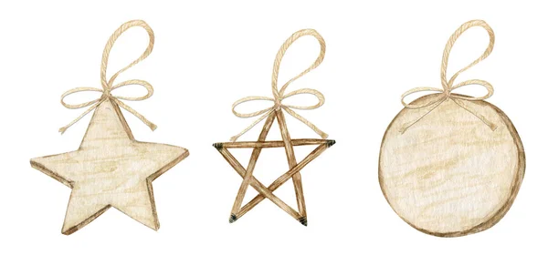 Winter Star Christmas New Year wooden decoration with bow set. Watercolor illustration Isolated on white background. Christmas tree eco friendly decor. Closeup. — Stock Photo, Image