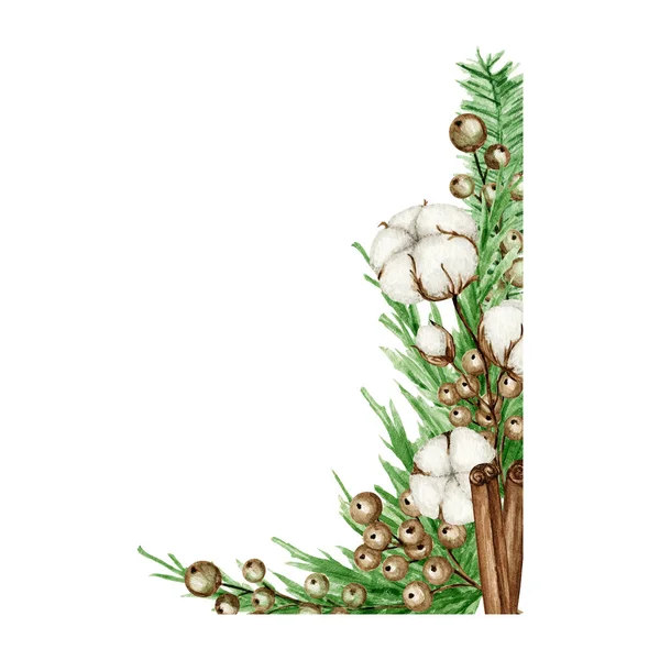 Vánoční boho kytice s borovicovými větvemi, skořicová tyčinka, bavlněná květina. Akvarel Ročník složení izolované ilustrace. Pro design Vánoc, novoroční přání, pozvánky — Stock fotografie